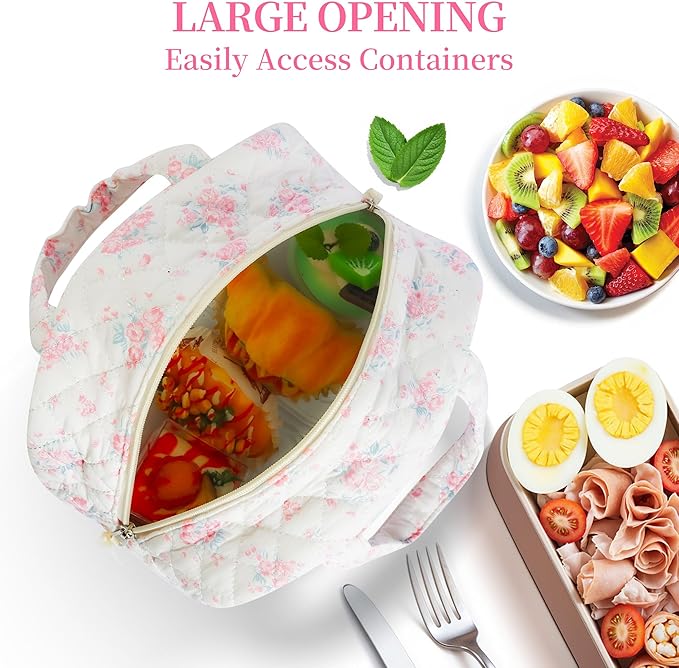 Quilted Lunch Box for Women,Insulated Cute Reusable Lunch Bag with Front Pocket,Pink Flower Stylish Lunch Tote Bag for Work, Office,Picnic, Travel,School (pink big floral)