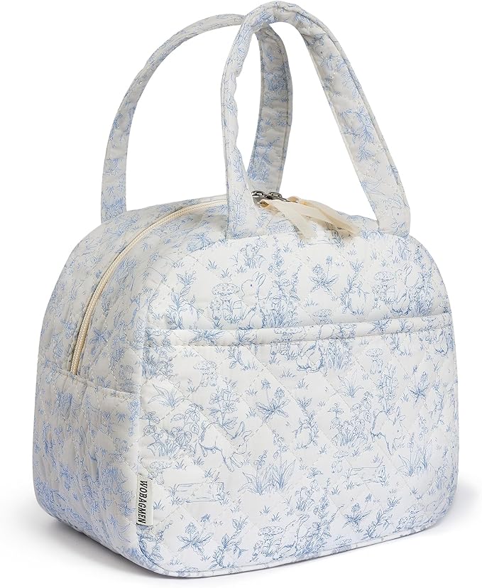Quilted Lunch Box for Women,Insulated Cute Reusable Lunch Bag with Front Pocket,Pink Flower Stylish Lunch Tote Bag for Work, Office,Picnic, Travel,School (blue floral rabbit)
