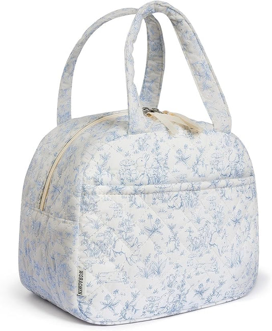 Quilted Lunch Box for Women,Insulated Cute Reusable Lunch Bag with Front Pocket,Pink Flower Stylish Lunch Tote Bag for Work, Office,Picnic, Travel,School (blue floral rabbit)