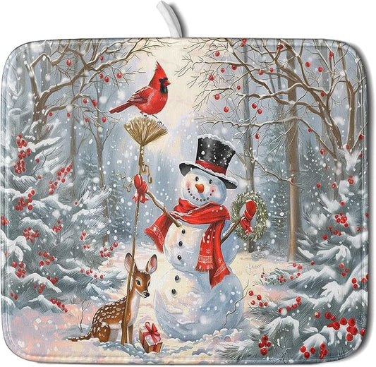 Winter Snowman Dish Drying Mat for Kitchen Counter Red Bird Berry Dishes Drainer Mats Holiday Microfiber Absorbent Dish Rack Pad 16x18 Inch