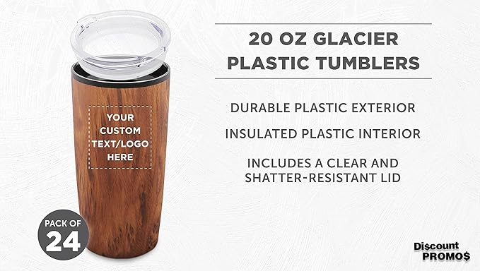 Custom Plastic Tumblers 20 oz. Set of 24, Personalized Bulk Pack - With lids, Ice Coffee Tumbler, To Go Cup, Insulated - Wood
