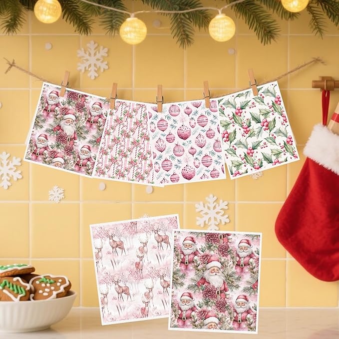 Christmas Swedish Dishcloths for Kitchen - 6PCS Pink Christmas Swedish Cloths for Washing Dishes, Cute Santa Reusable Dish Towels, Washable Cleaning Sponge Gifts for Home Holiday Fast Drying