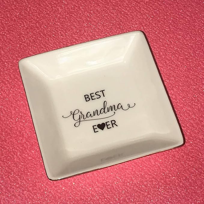 Simply Charmed Best Grandma Ever - Christmas Gift – Ceramic Jewelry Dish, Ring Holder, Trinket Tray – Elegant Birthday Gift for Grandmother
