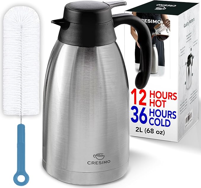 Thermal Coffee Carafe with Cleaning Brush - 68 oz / 2L, 24 Hours Cold or 12 Hours Hot Water Dispenser, Carafe for Hot Liquids - Insulated Stainless Steel Coffee Urn - Easy Use Tea Dispenser - Cresimo