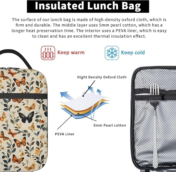 Butterfly Floral Lunch Box for Teen Kids, Vintage Reusable Thermal Lunchbag, Picnic, School, Hiking, Fishing, Animal Insulated Tote Cooler Bags for Adults Women Decor Gifts, Spring Theme