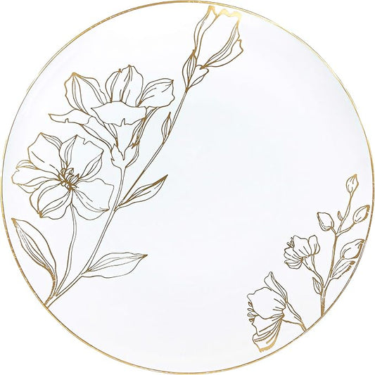 [9'' Plates 10 Count] White Plastic Floral Design Party Dinner Plates With Gold Rim Premium heavyweight Elegant Disposable Tableware Dishes