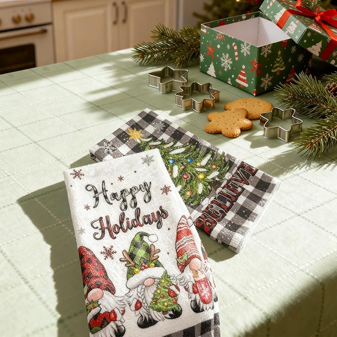 Christmas Dish Towels Set of 2-18"x26" Holiday Kitchen Towels with White & Black Checkered Design, Quick-Drying Xmas Themed Hand Towels