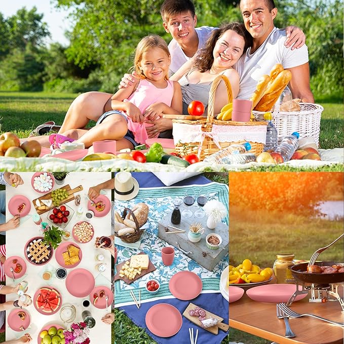 Pink Dinnerware Sets for 8,Pink Plates and Bowls Sets Plastic,Wheat Straw Dinnerware Sets Unbreakable Microwave Safe Lightweight,32 Pcs Christmas Dishes Set for Kids Elderly Kitchen Outdoor