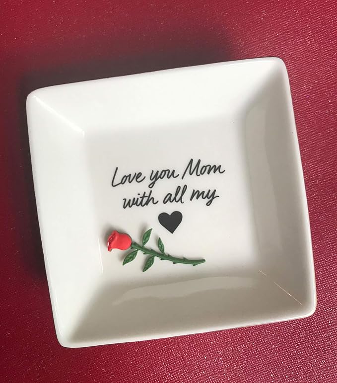 Simply Charmed Love You Mom Jewelry Dish - Christmas or Birthday Gift - Elegant Trinket Tray and Ring Holder - Gifts for Mom from Daughter or Son