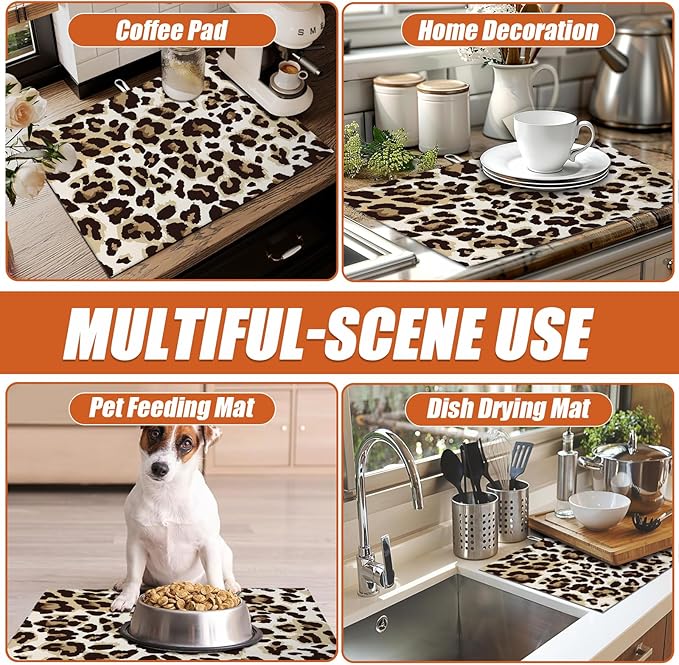 Brown Leopard Dish Drying Mat for Kitchen Counter Microfiber Absorbent Dish Kitchen Drying Mat Draining Reusable Washable for Dishes/Utensils/Counterto