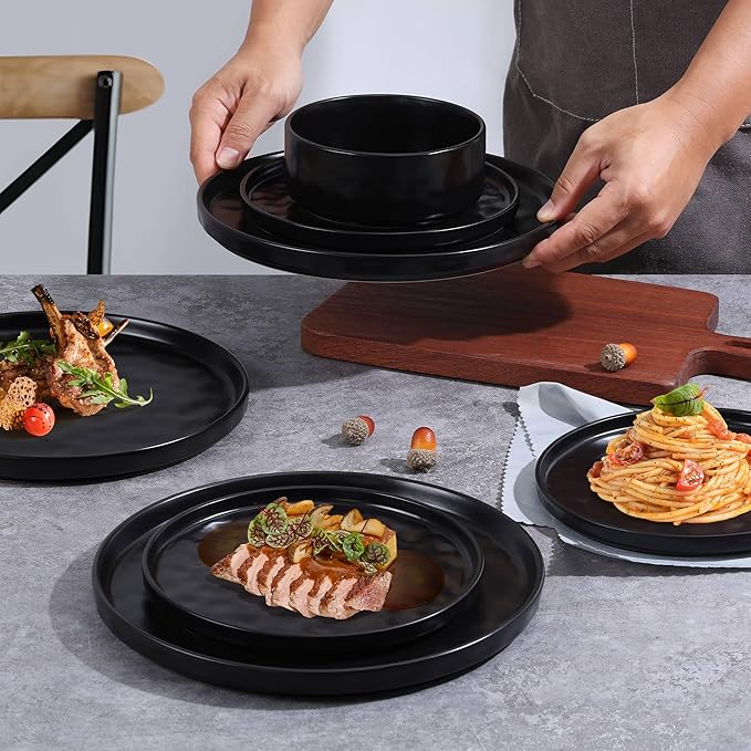 LIANYU Dinnerware Dishes Sets for 2, 6 Piece Stoneware Plates and Bowls Dishware Set, Ceramic Dinning Ware Includes Dinner Salad Plates, Cereal Bowls, Chip & Scratch Resistant, Obsidian Matte Black