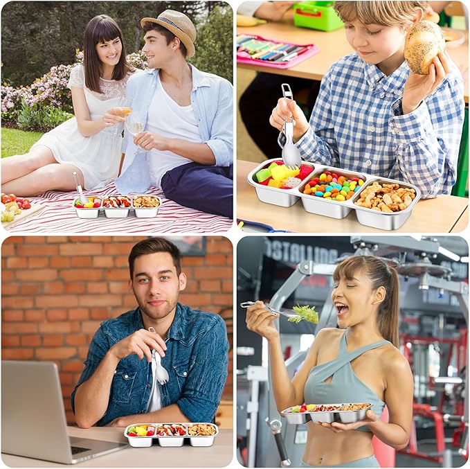 Stainless Steel Snack Containers with Lids & Spork, Reusable 3 Compartment Condiment Boxes, Divided Grab Food Storage Containers, Sauce Cups for Home, Travel (3 Compartment)