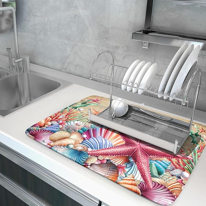 Summer Beach Dish Drying Mat - Seashells Starfish Absorbent Drying Matt Kitchen Counter for Home Decor