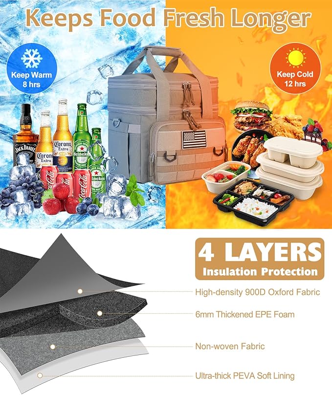 Tactical Lunch Box for Men, Expandable Large Insulated Lunch Bag for Adult, Heavy Duty Double Deck Lunch Cooler Bag with Shoulder Strap, Leakproof Soft Lunch Pail with American Flag - Sandy