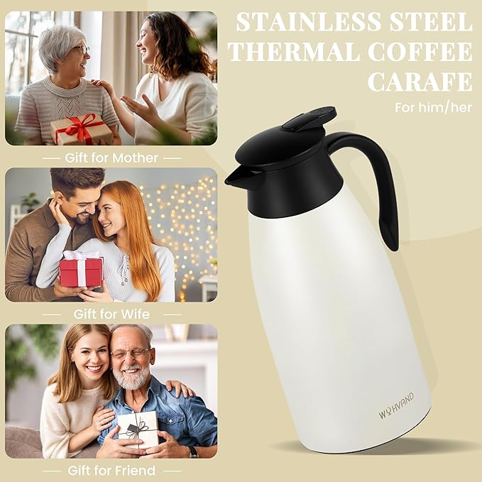 68 Oz Thermal Coffee Carafe, Stainless Steel Insulated Vacuum coffee crafts to keep coffee hot, 2 Liter Tea Water Coffee and Beverage Dispenser (Cream)