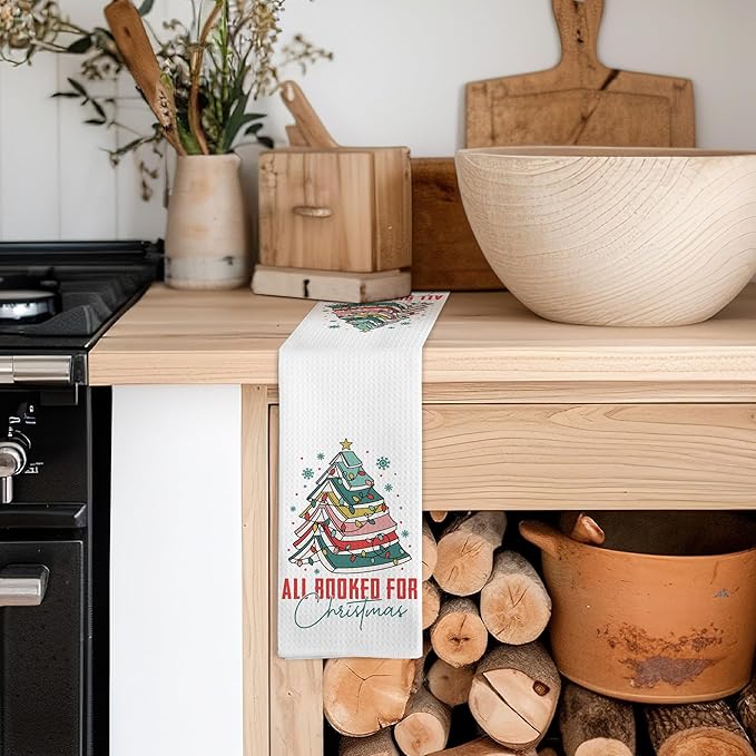 Christmas Kitchen Towels, Christmas Book Tree Decorative Kitchen Towels Gifts for Book Lovers, Book Lovers Gifts, Pink Christmas Xmas Holiday Hand Dish Towels for Kitchen Bathroom Decorative