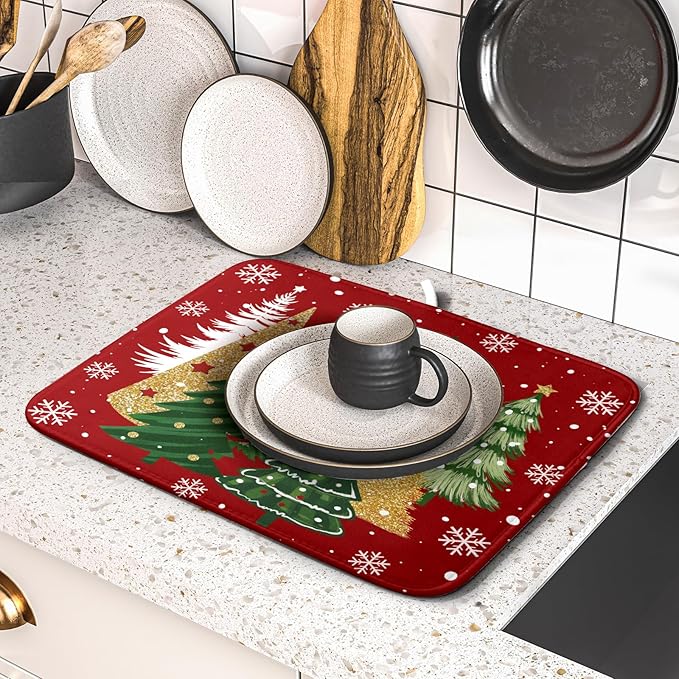 Christmas Red Dish Drying Mats 16x18 Inch, Gold Green Xmas Pine Trees Winter Holiday Absorbent Fast Dry Microfiber Dishes Drainer Rack Pad Farmhouse Rustic Holiday Kitchen Decor