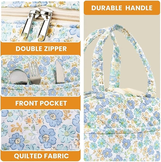Quilted Lunch Box for Women,Insulated Cute Reusable Lunch Bag with Front Pocket,Pink Flower Stylish Lunch Tote Bag for Work, Office,Picnic, Travel,School (green blue floral)