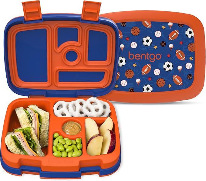Bentgo Kids Prints Leak-Proof, 5-Compartment Bento-Style Kids Lunch Box - Ideal Portion Sizes for Ages 3-7, Durable, Drop-Proof, Dishwasher Safe, & PFAS & BPA-Free Materials (Sports)