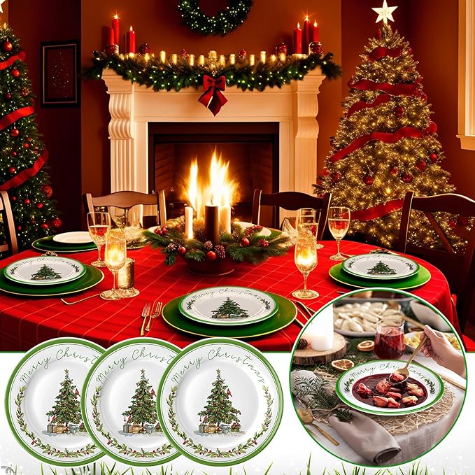 6 Pcs Christmas Dinner Plates Xmas Tree Melamine Dinnerware Green Plates Xmas Wreath Dishes Holiday Tableware for Dessert Salad Appetizer Birthday Party(Christmas Tree,8 Inches)