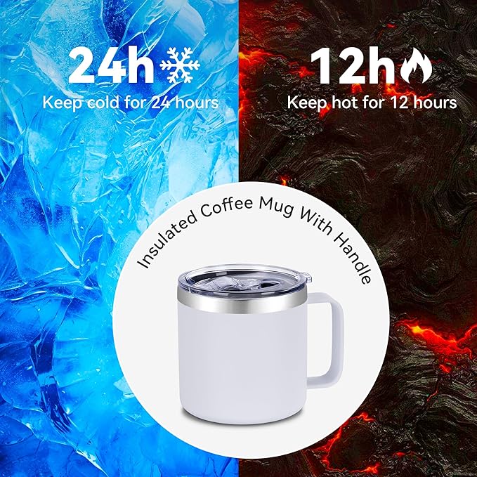 VEGOND 14 oz Insulated Coffee Mug Bulk with Handle, Stainless Steel Travel Coffee Mug with Lid, Double Wall Vacuum Metal Coffee Cup, Coffee Tumbler Powder Coated, White 4 Pack