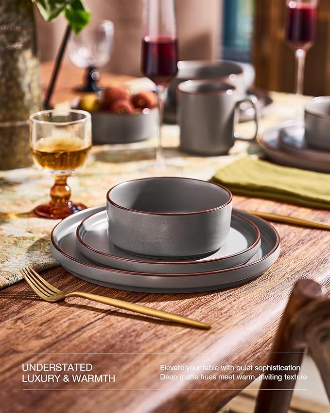 Famiware Nebula Ridge Stoneware Dinnerware Sets, Plates and Bowls Sets for 4, 12 Pieces Dishes Set, Microwave and Dishwasher Safe Kitchen Plates, Dark Gray