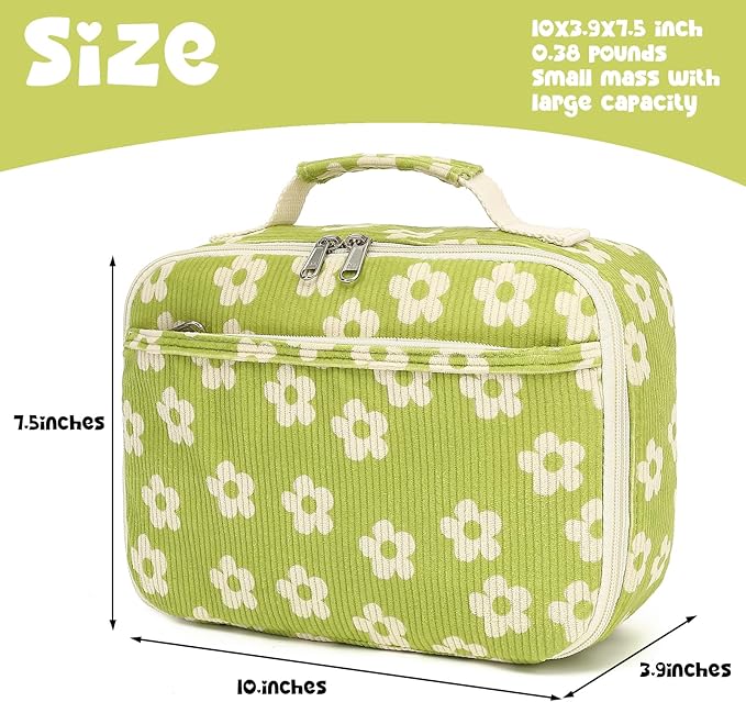 Bluboon Kids Girls Lunch Bag Insulated Lunch Box for school Corduroy Lunch Cooler Organizer School Kids Lunch Tote (Corduroy-Brown) (Beige Flower Green)