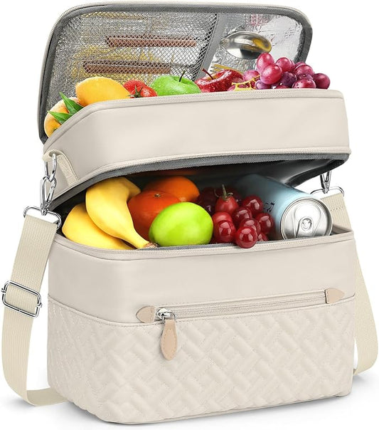 Capolo Lunch Box for Women Men Adults,Double Deck Insulated Lunch Bag Leakproof Lunch Cooler Box with Removable Strap Lunch Tote Bags Reusable Thermal Lunchbox for School Work Picnic(Large,Beige)