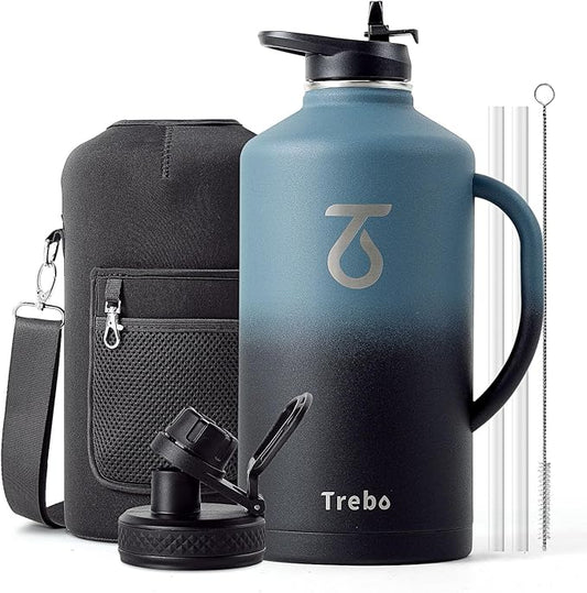 Trebo 128 oz Water Bottle Insulated with Handle, One Gallon Stainless Steel Metal Large Jug, Travel Flask with Straw Spout Lid, Mug Tumbler Cup with Carry Pouch, Keep Cold Hot, Indigo Black