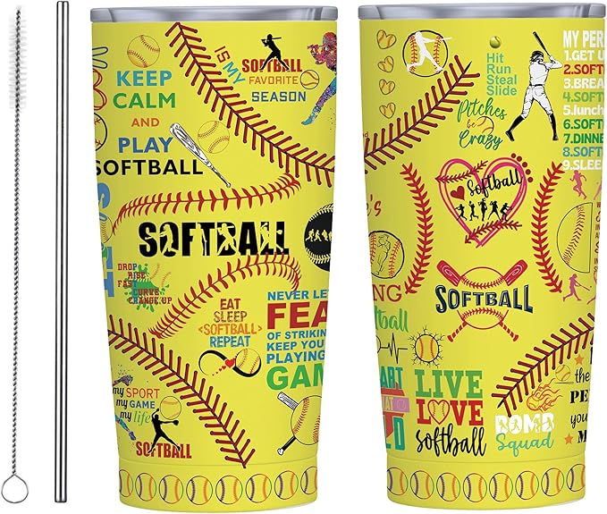 Softball Tumbler Cup With Lid - Lover Birthday Gifts, Stainless Steel Vacuum Coffee Mug for Women Men, 20 Oz