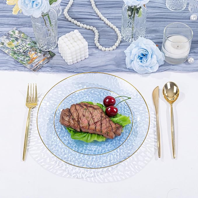SUT 36Pcs Blue Plastic Plates, Hammered Plates Disposable Heavy Duty, Blue Disposable Plates With Gold Rim, Fancy Plastic plates Include 18 Dinner and 18 Dessert plates for Wedding