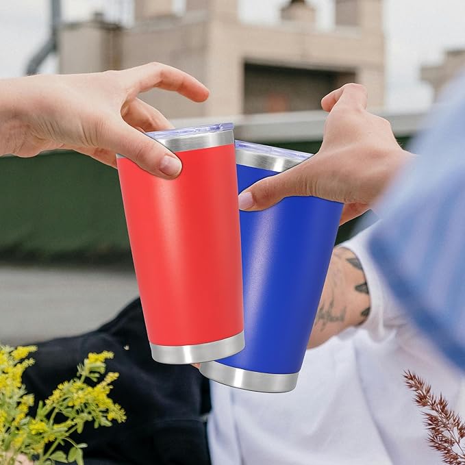 20 oz Tumbler Coffee Tavel Tumblers Bulk with Lid Stainless Steel Double Wall Vacuum Insulated Mug Powder Coated Cups fit Car Cupholder for Hot and Cold - Red, 8Pack