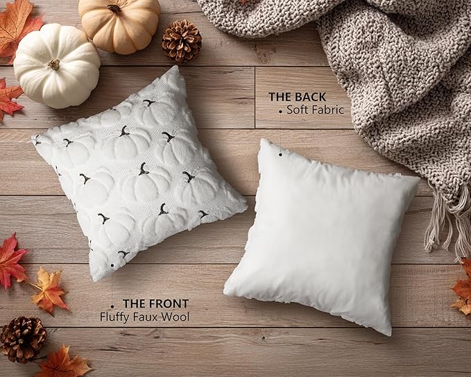 4TH Emotion Fall Pumpkins Decorative Pillow Covers 20x20 Set of 2, White Soft Plush Faux Fur Wool Farmhouse Throw Cushion Cases for Autumn Thanksgiving Holiday Home Decorations