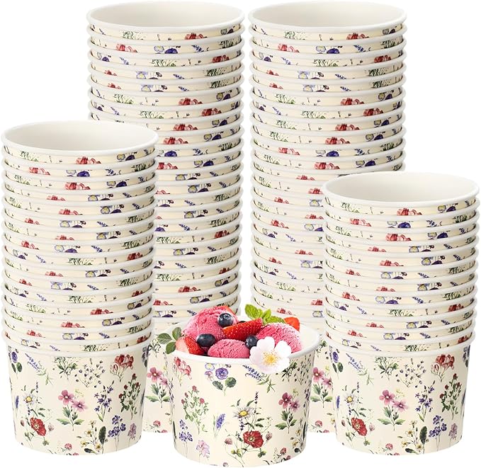 50 Pack Wildflower Treat Snack Cups Floral Paper Ice Cream Cups 9 oz Summer Flowers Disposable Dessert Bowls Paper Soup Bowls for Hot or Cold Food Wedding Baby Shower Birthday Party Supplies