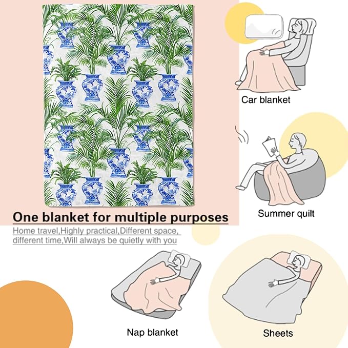 Porcelain Vase and Palm Blanket Chinoiserie Throw Blankets with Blue Vases and Tropical Plant Lightweight Flannel Throws for Couch Chair Bed Home Decor Gifts for Adults,80x60inch