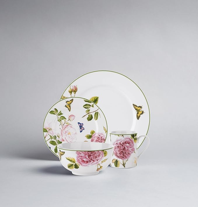 Portmeirion Home Roses 16 Piece Set - Delicate Pink Rose & Butterfly Pattern, Dishwasher Safe Porcelain Dinnerware for Garden Parties, Bridal Showers, Tea Time & Family Gatherings - 10.5" Plates