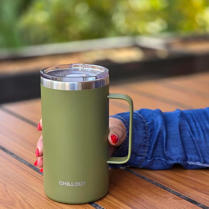 CHILLOUT LIFE Stainless Steel 20 oz Vacuum Insulated Coffee Mug with Handle and Lid, Large Thermal Camping Coffee Mug Cup with Durable Sliding Lid for Men & Women, Keeps your Beverages Hot/Cold