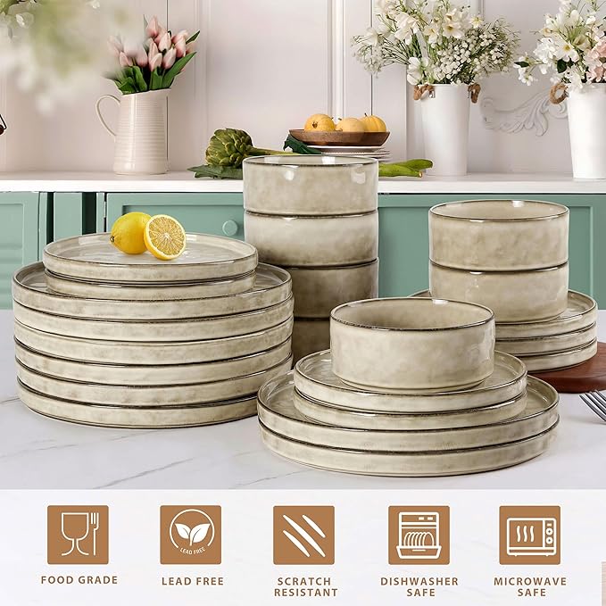 LIANYU Dinnerware Dish Set for 8, 24 Piece Stoneware Plates and Bowls, Ceramic Tableware Sets Includes Dinner Salad Plates, Cereal Bowls, Chip & Scratch Resistant, Sandy Beige