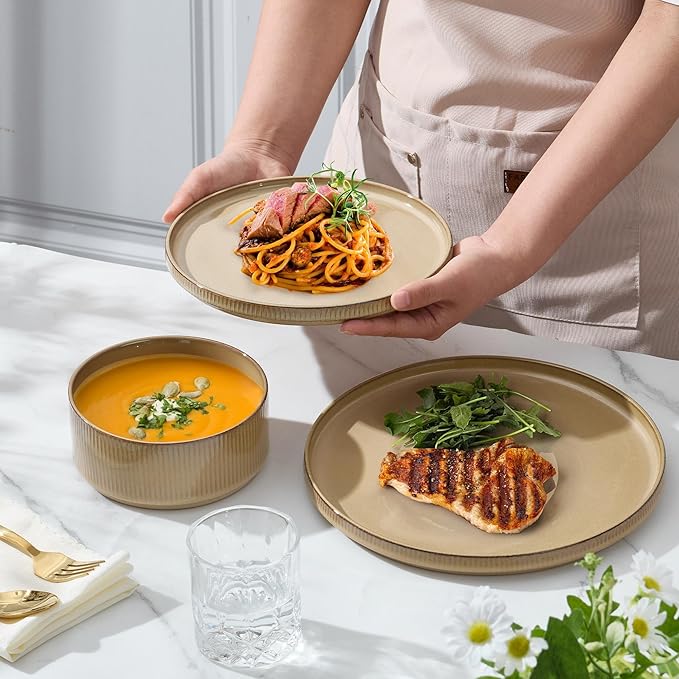 E-far 16 Piece Dinnerware Sets, Plates and Bowls with Pasta Bowls Service for 4, Modern Stoneware Ribbed Dishes for Kitchen Dining, Microwave & Dishwasher Safe, Caramel Khaki