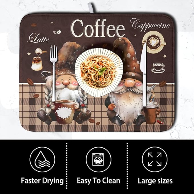 Chef Gnome Kitchen Dish Drying Mat for Kitchen Counter 18x24 Inch, Brown Buffalo Plaid Cooking Mocha Coffee Mat Reversible Microfiber Super Absorbent Quick Dry Rack Pad for Bar Sinks Home Decor