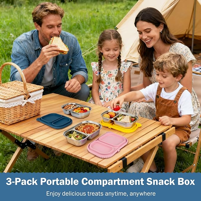 3 Pack Stainless Steel Snack Containers with Lids, Reusable 2 Compartment Food Storage Containers, Portable Bento Lunch Snack Boxes for Home, Travel, Outdoor and Camping