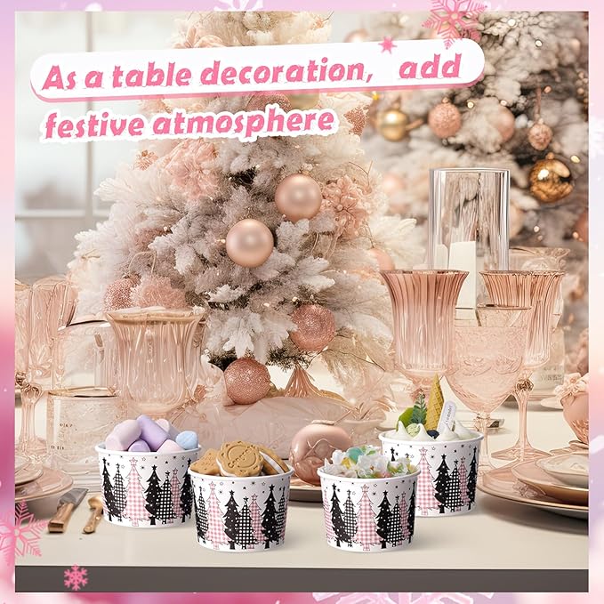 50 Pack Christmas Tree Treat Snack Cups Pink Gingham Buffalo Plaid Paper Ice Cream Cups 9 oz Xmas Tree Disposable Dessert Bowls for Hot or Cold Food Winter Xmas Holiday Party Supplies