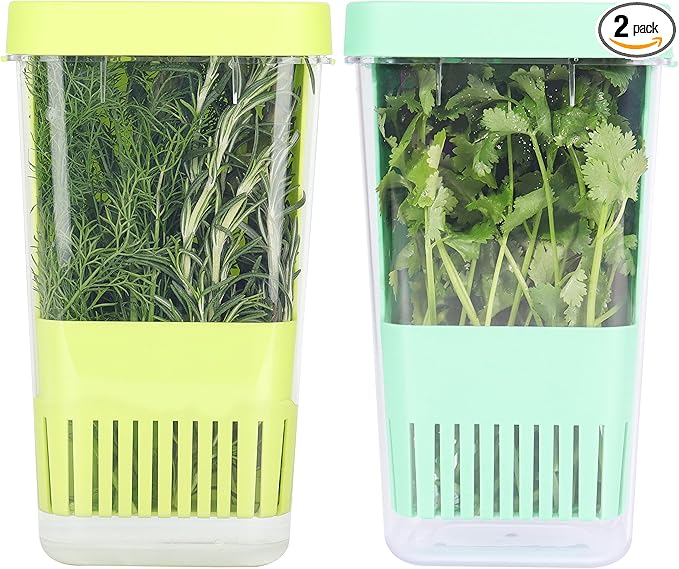 2 Pack Fresh Herb Keeper for Refrigerator, Clear BPA-Free Herb Saver, Storage Container for Cilantro, Parsley, Thyme, Mint & Asparagus, Preserver Keeps Fresh Herbs for 3 Times Longer