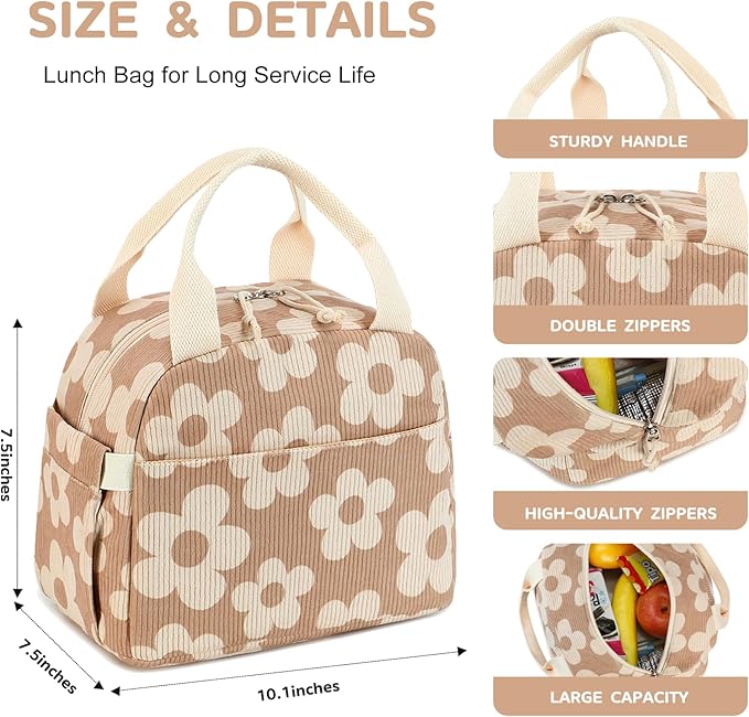 Bluboon Lunch Bag for Women Men Cute Corduroy Lunch Tote Bags Reusable Insulated Lunch Box Large Capacity Reusable Insulated Cooler for Work Picnic or Travel