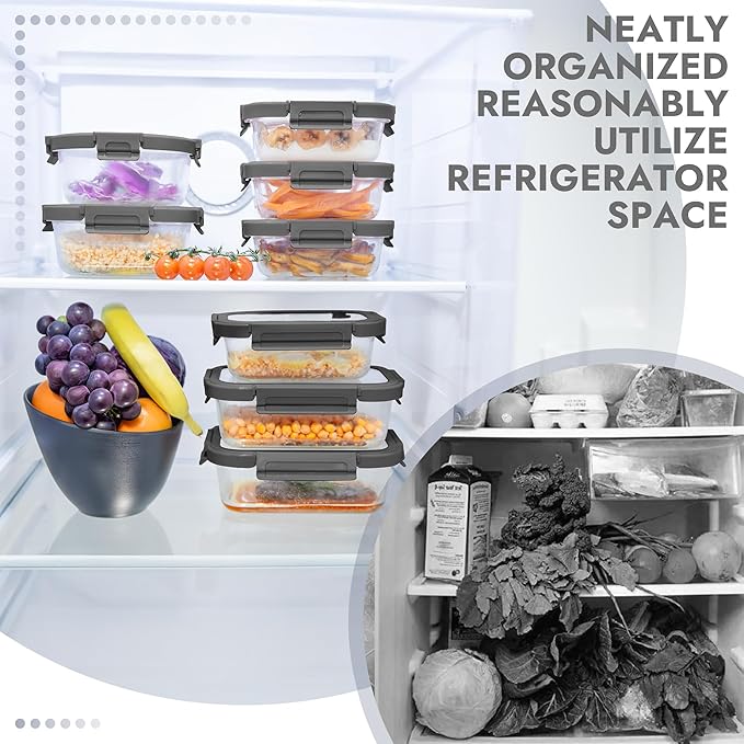 10-Pack Glass Food Storage Containers with Tempered Lids – Borosilicate, Airtight, Oven-Safe (-4°F~950°F), BPA-Free, 4.4 & 1.6 Cup, Leak-Proof, Dishwasher Safe (Gray)