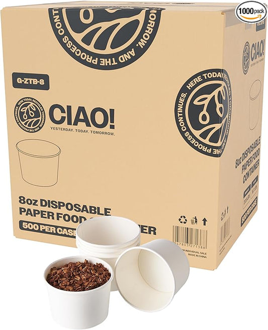 CIAO! 8OZ Disposable White Paper Food Container, 90mm Diameter, Lids Sold Separately (1000/case)