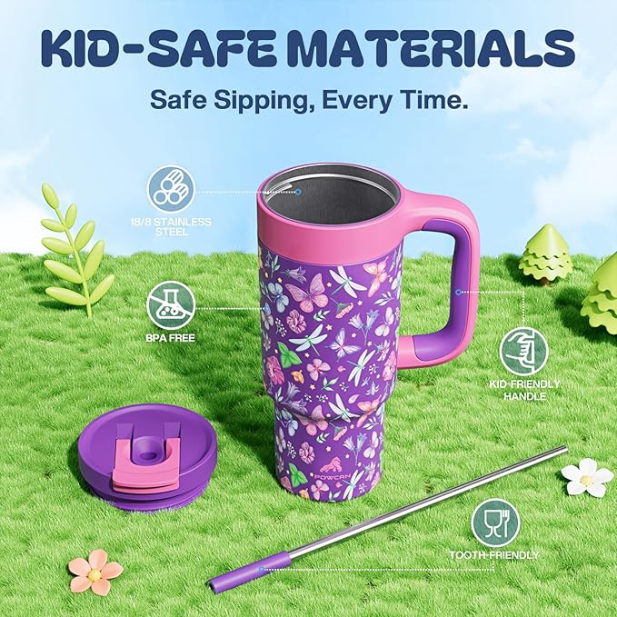 24 oz Insulated Tumbler for Kids: Spill-Proof, 2-in-1 Straw Lid, Cold for 26 Hrs, Stainless Steel Cup with Handle for School, Camping, Gift, Daily, Outdoor, Trip, Travel, Vacation (Butterfly Field)