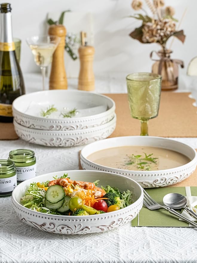 YHOSSEUN Pasta Bowls Set of 4, 50 OZ Large Salad Serving Bowls, 9.75" Pasta Plates Shallow Bowls Set, Microwave Dishwasher Safe, Antique Morning Glory