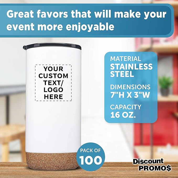 Custom Travel Tumblers with Cork Bottom 16 oz. Set of 100, Personalized Bulk Pack - Double Wall Insulated, Matte Finish, Perfect for Iced Coffee, Soda, Other Beverages - White