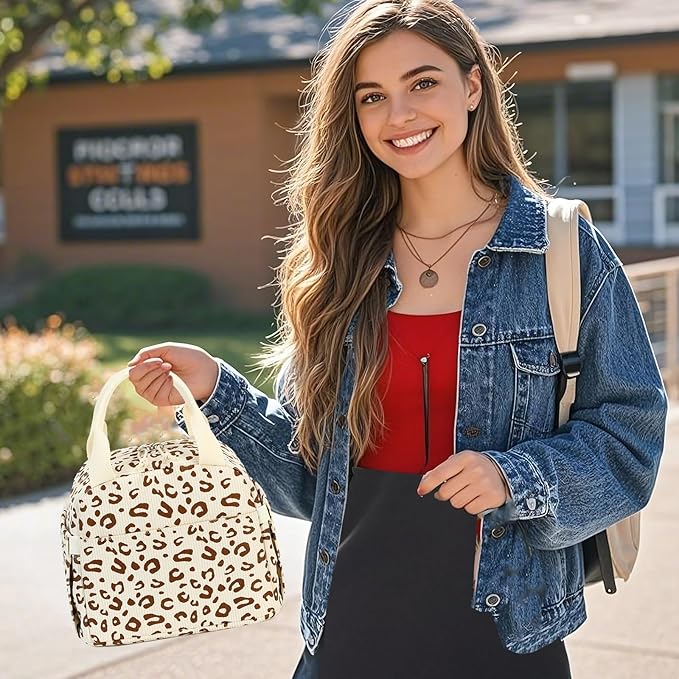 BTOOP Lunch Box for Women Men Cute Corduroy Lunch Bags Large Capacity Insulated Lunch Tote Bag For Work Travel Or Picnic (Beige-Brown-Leopard)